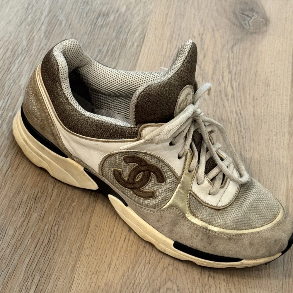 CHANEL Gray and White CC Logo Chunky Athletic Sneakers